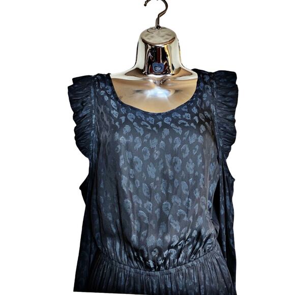 AVEC LES FILLES Romper Animal Print Black Teal Cold Shoulder Ruffle LS Small EUC - Picture 5 of 9
